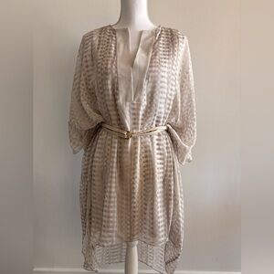 Halston Heritage Cream-Ivory Sheer Checked Tunic with Belt